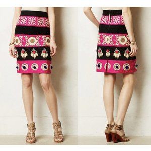 Anthropologie Leifsdottir Embroidered Catrina Pencil Skirt Size 4 Black Fuchsia